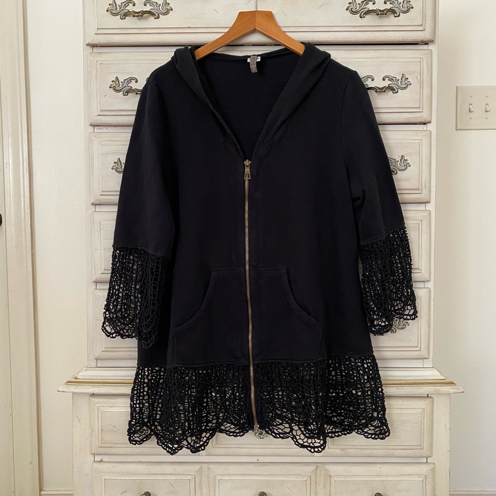 XCVI Black Hoodie with Lace Trim
